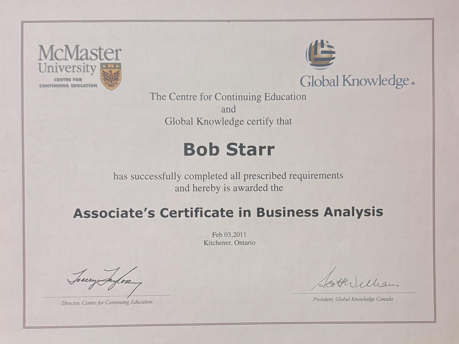 McMaster University Business Analysis Certificate